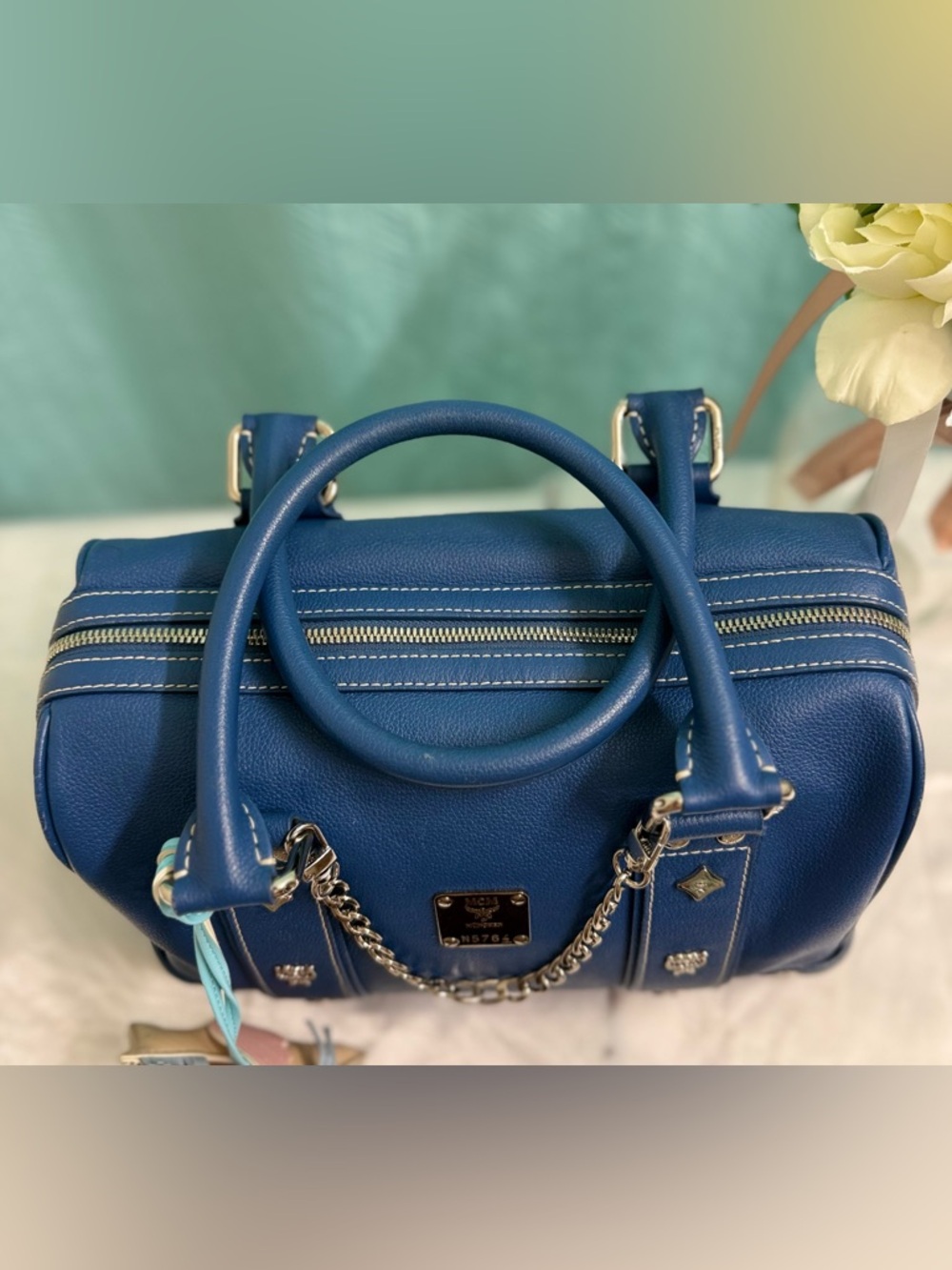 Like New - MCM Blue Leather Boston Satchel - Picture 5 of 8